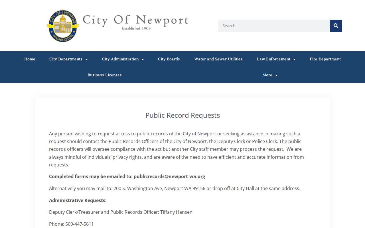 Pend Oreille County Newport police booking-record request source